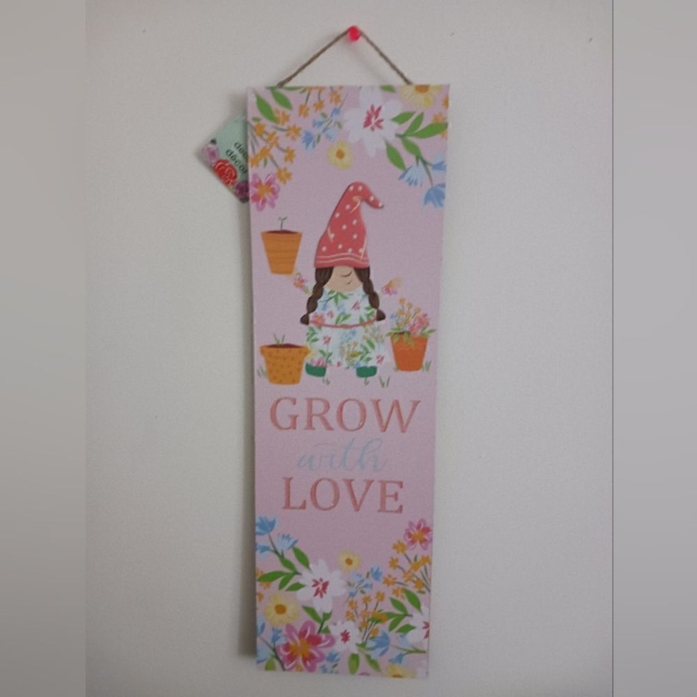 Grow with Love Pink Gnome Floral Door/Wall Sign Spring Ready.